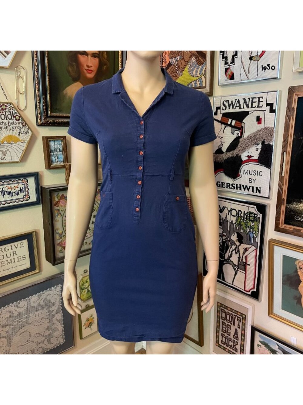 Collectif Navy Button-Front Short Sleeve Collared Cotton Spandex Dress 2XL